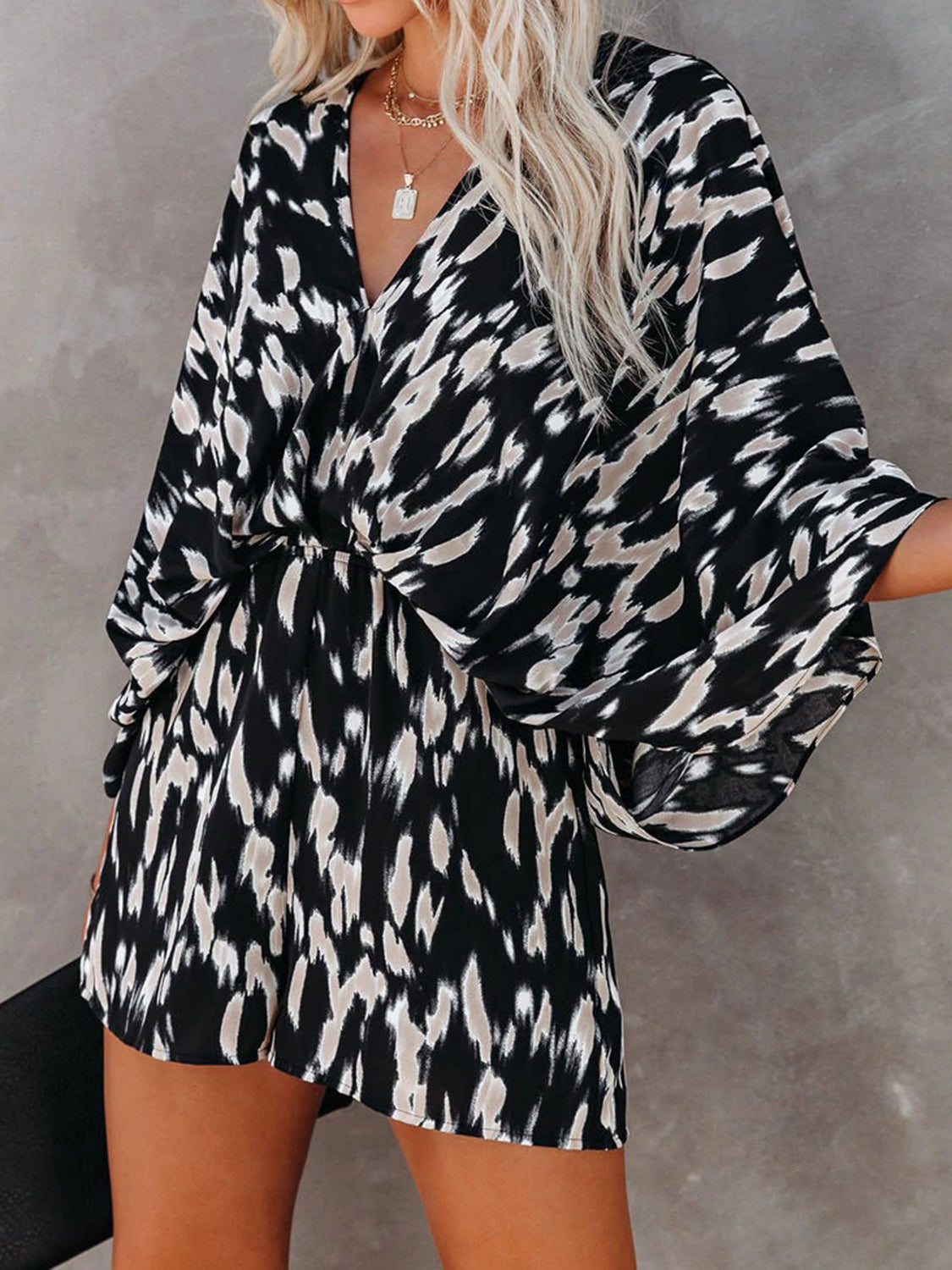 Tied Printed Kimono Sleeve Romper