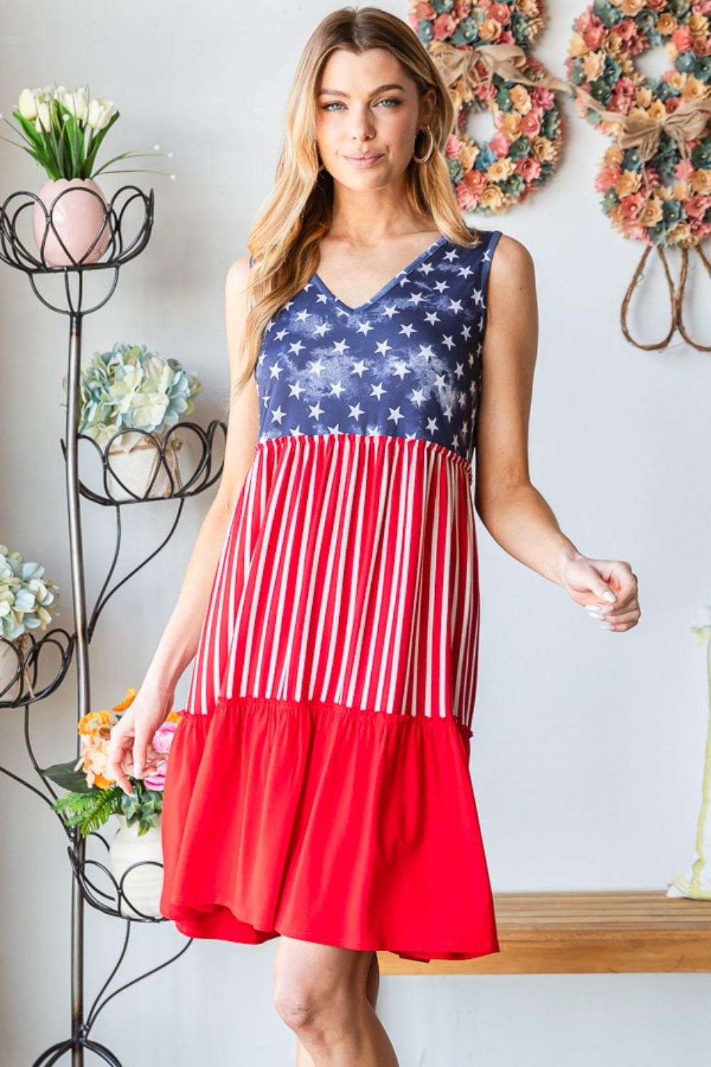 Heimish Full Size US Flag Theme Contrast Tank Dress