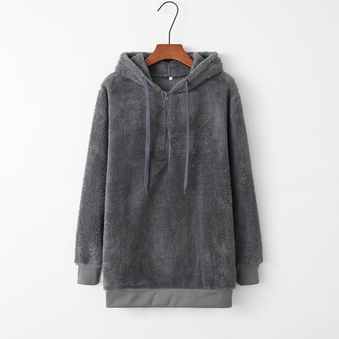 Full Size Quarter-Zip Drawstring Teddy Hoodie