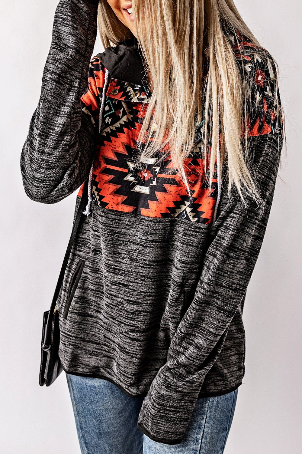 Geometric Long Sleeve Drawstring Hoodie