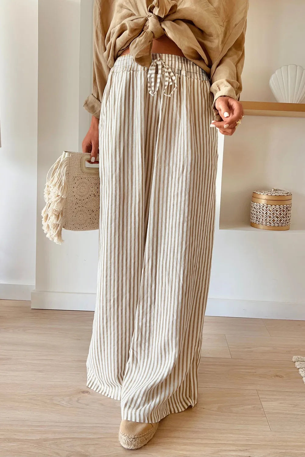 Pocketed Striped Wide Leg Pants