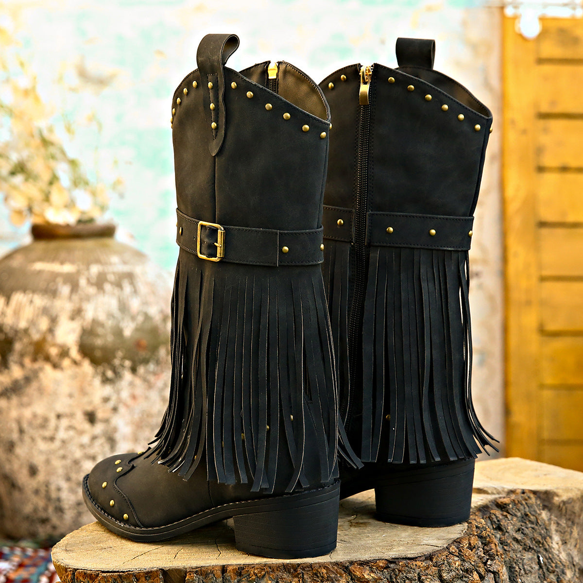 Studded Fringe Block Heel Boots