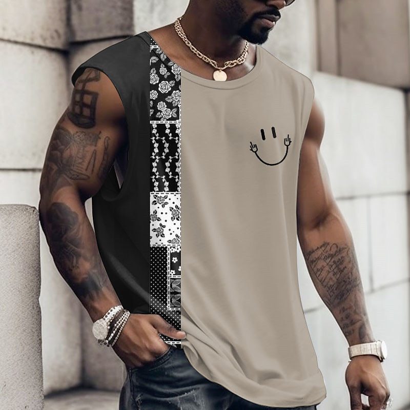 Round Neck Retro Ethnic T-shirt Sleeveless Wide Shoulder Vest