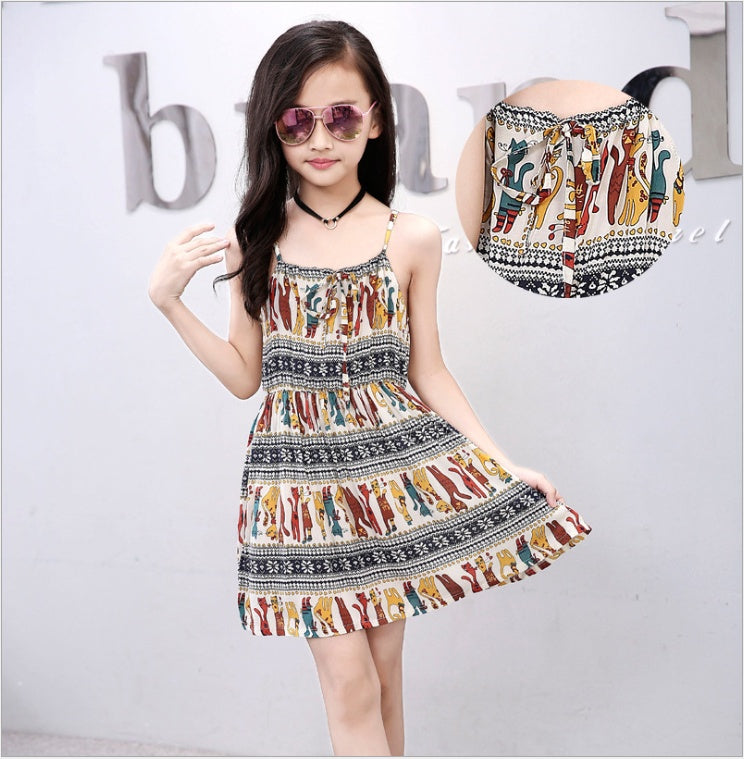 Summer Korean version of the big children's cotton silk dress girl floral dress skirt skirt children's beach skirt