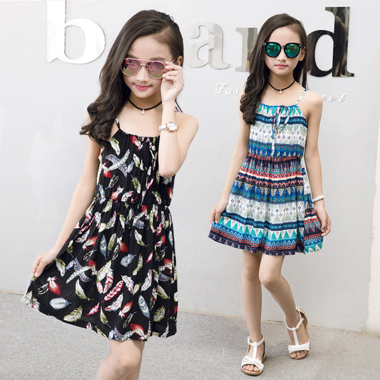 Summer Korean version of the big children's cotton silk dress girl floral dress skirt skirt children's beach skirt