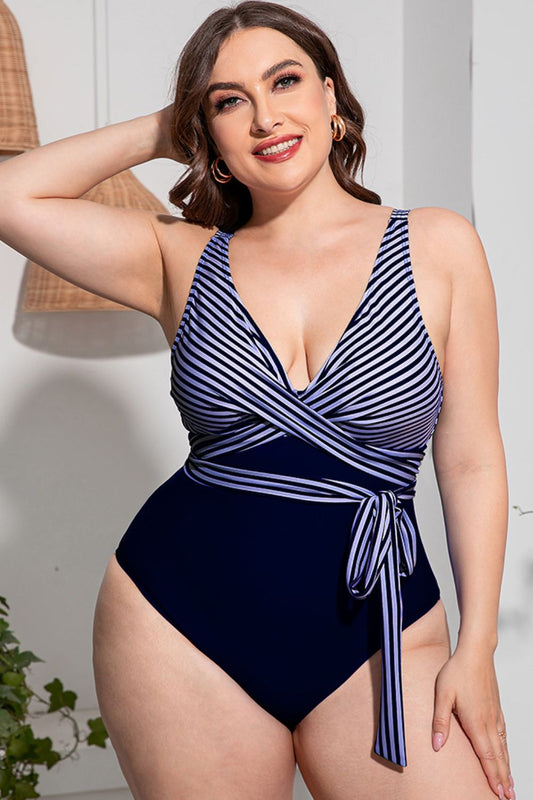 Plus Size Striped Tie-Waist One-Piece Swimsuit