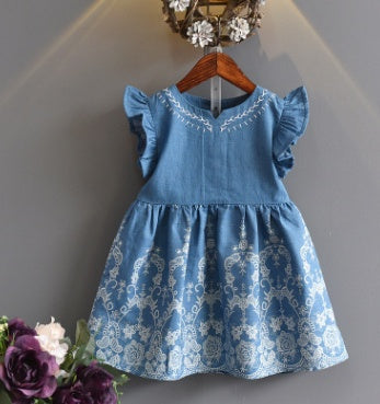 Summer Korean Children's Wear Girls Cowboy Embroidered Solid Color Princess Dress