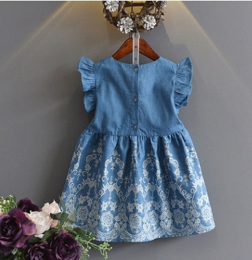 Summer Korean Children's Wear Girls Cowboy Embroidered Solid Color Princess Dress