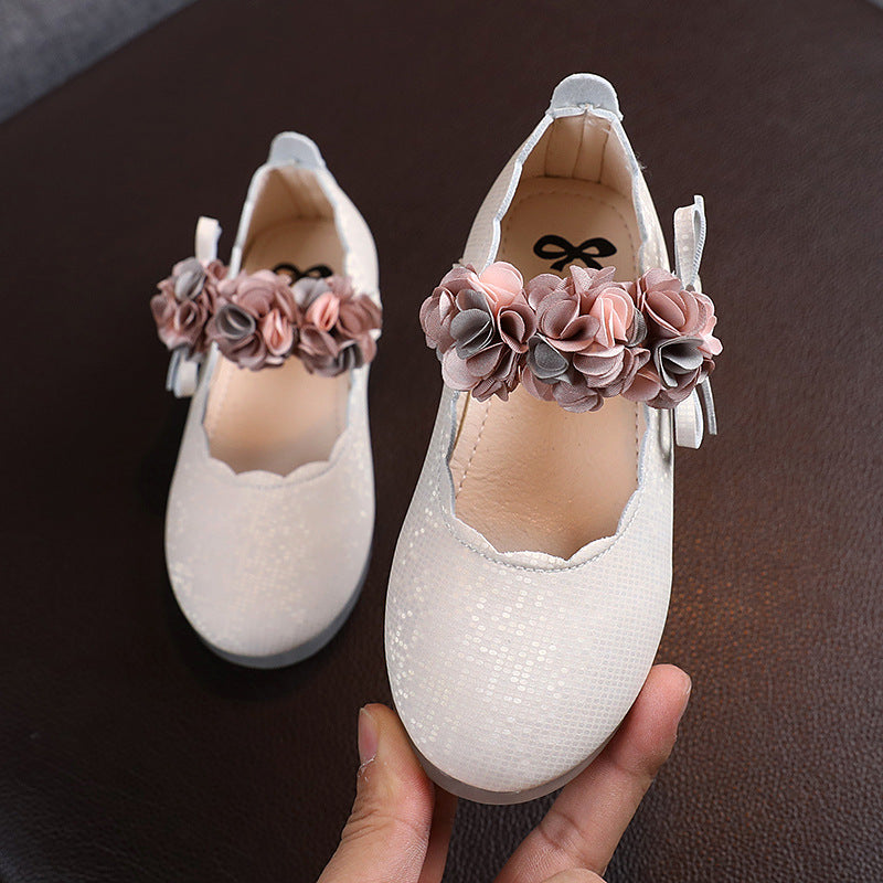 Korean Fashion Children'S Flower Leather Shoes, Girls Crystal Soft Sole Princess Shoes, Children'S Bow Dance Shoes