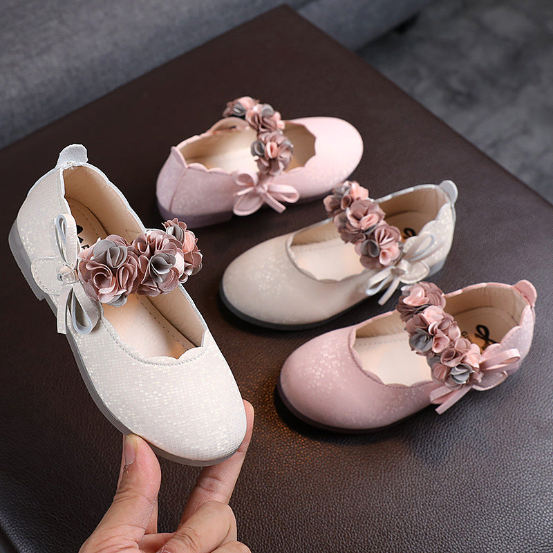 Korean Fashion Children'S Flower Leather Shoes, Girls Crystal Soft Sole Princess Shoes, Children'S Bow Dance Shoes