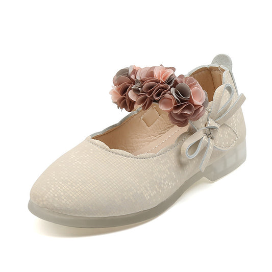 Korean Fashion Children'S Flower Leather Shoes, Girls Crystal Soft Sole Princess Shoes, Children'S Bow Dance Shoes