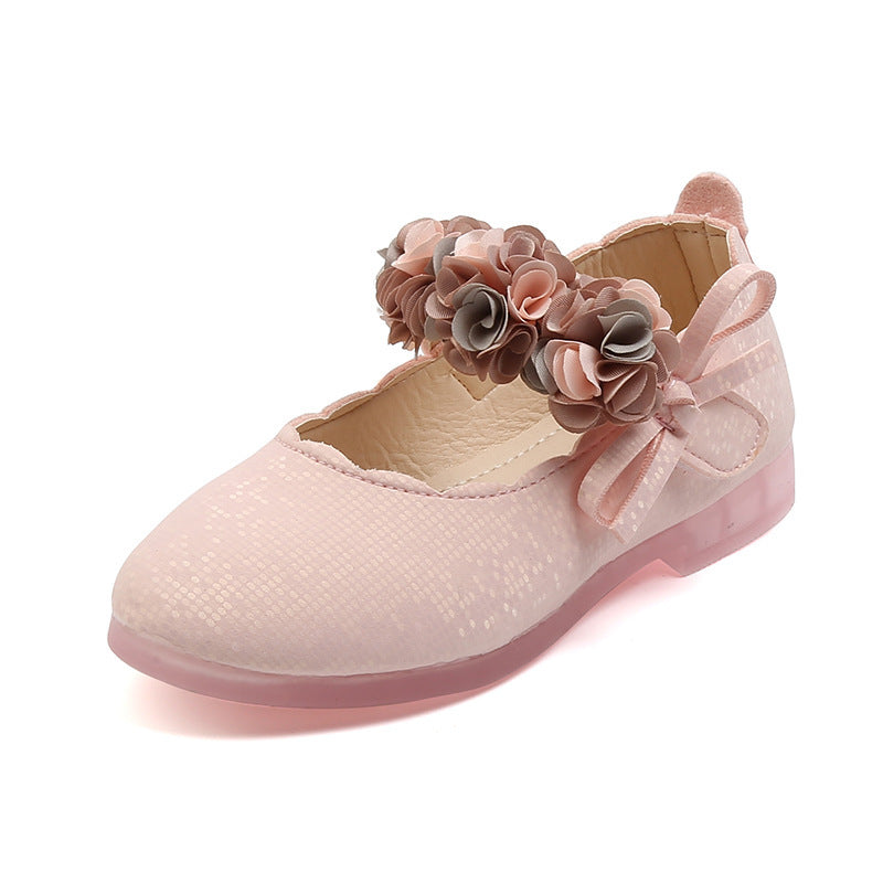 Korean Fashion Children'S Flower Leather Shoes, Girls Crystal Soft Sole Princess Shoes, Children'S Bow Dance Shoes