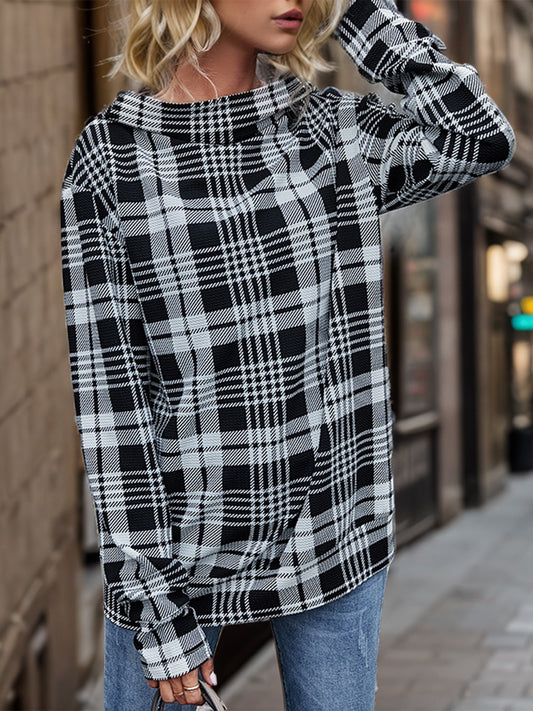 Plaid Mock Neck Long Sleeve Hoodie