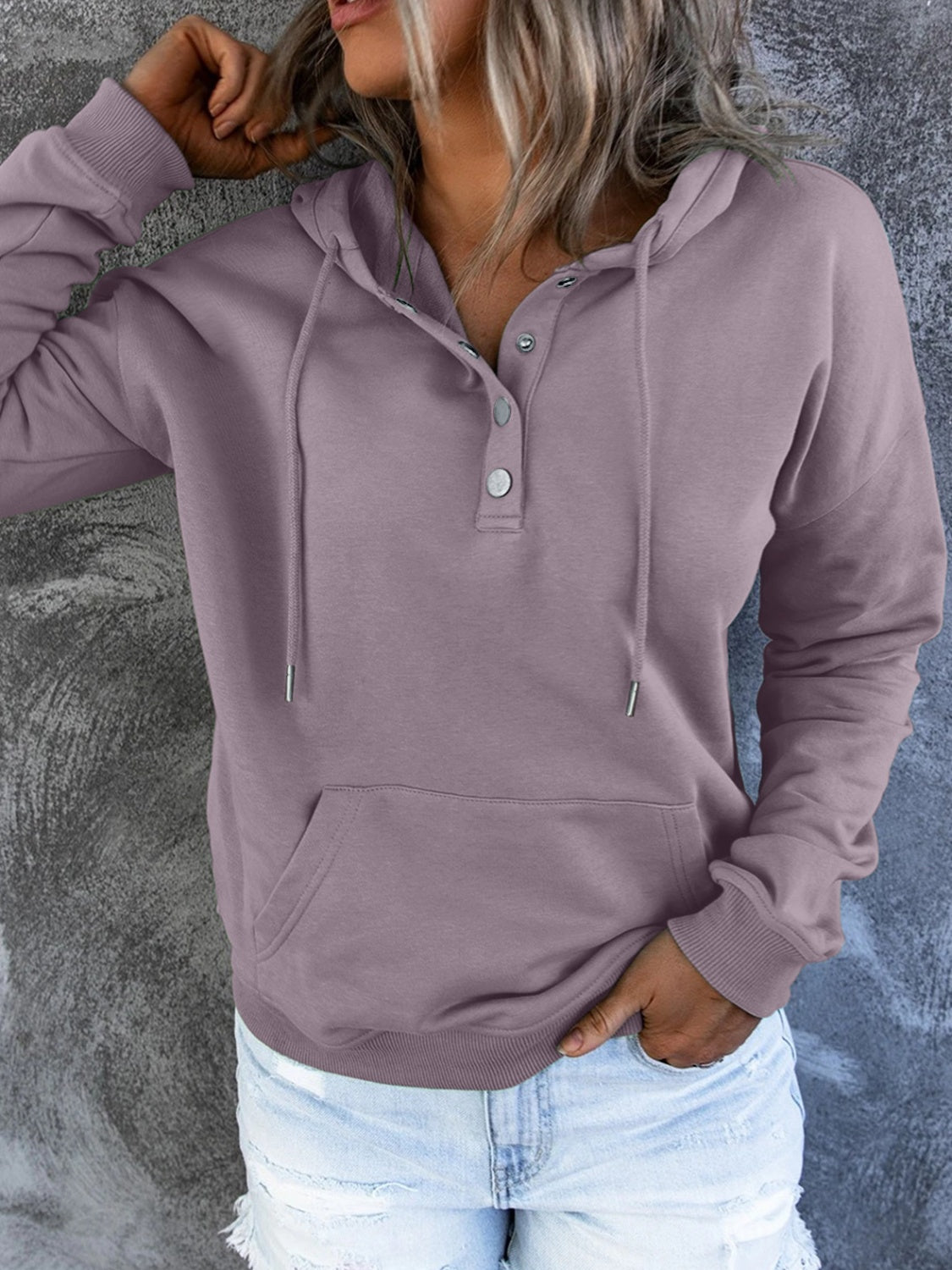 Half Snap Drawstring Long Sleeve Hoodie