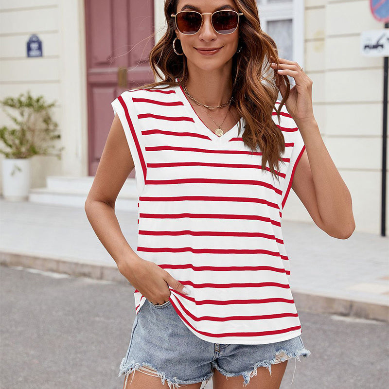 Fashion Stripe Print V-neck Short-sleeved T-Shirt Summer Loose Tank Top Womens Clothing