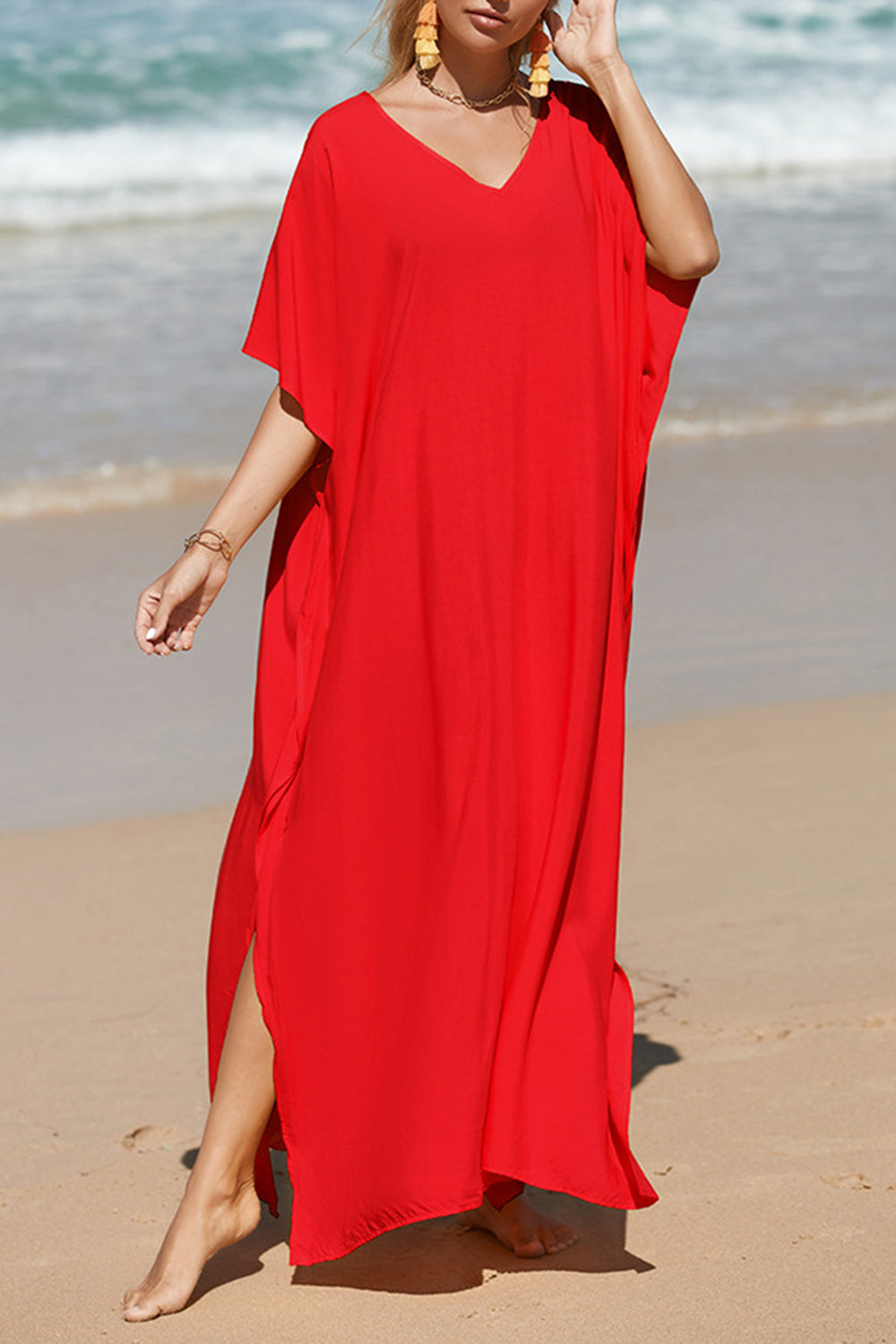 Slit V-Neck Half Sleeve Cover-Up