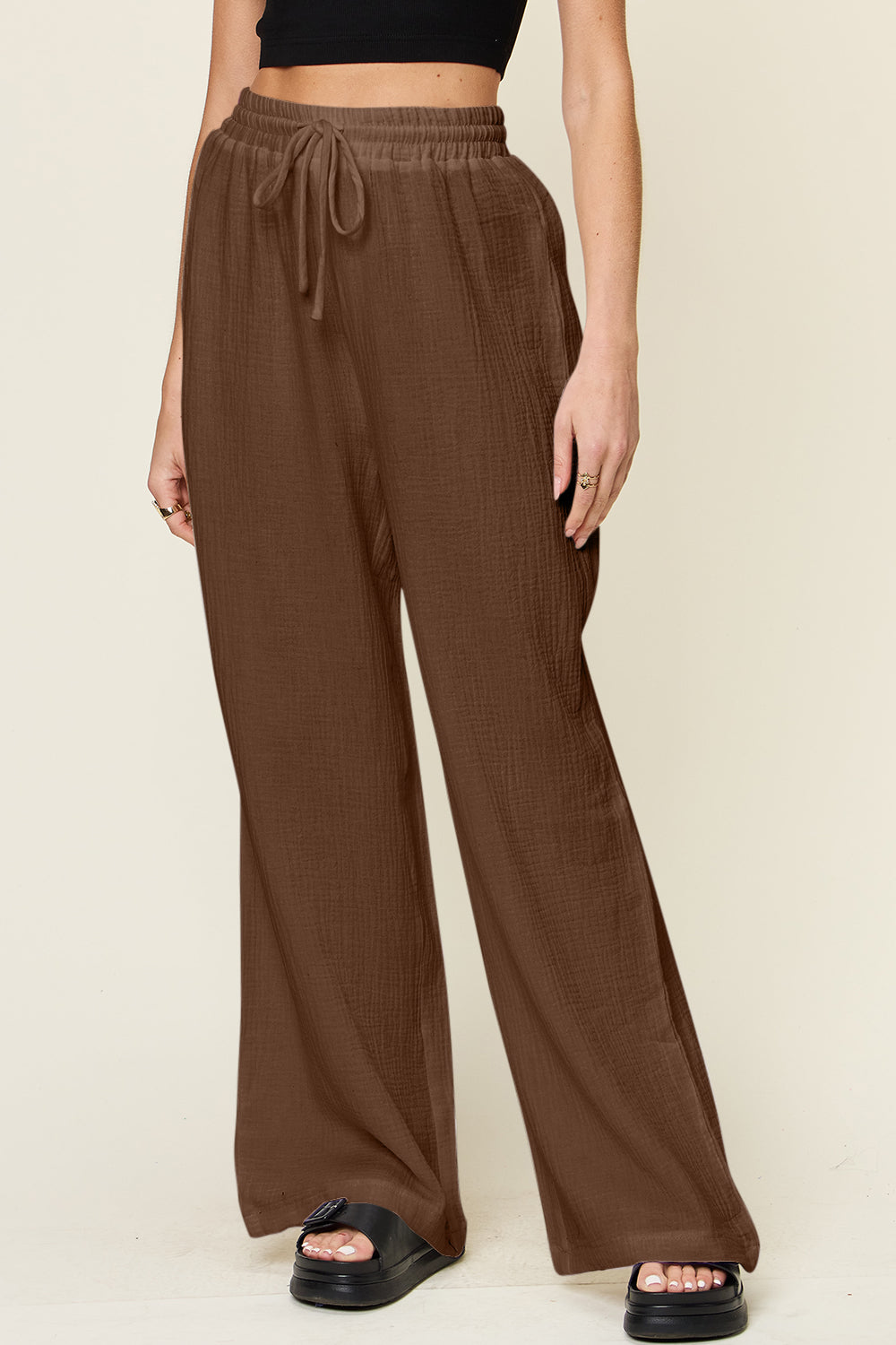 Double Take Full Size Texture Drawstring Wide Leg Pants