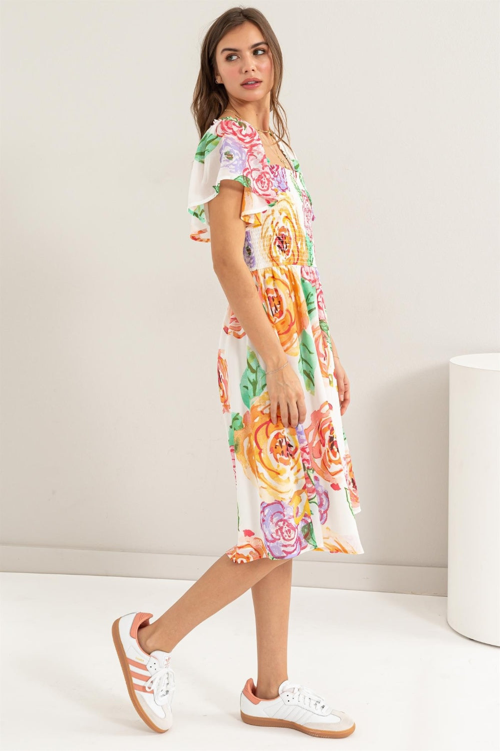 HYFVE Floral Flutter Sleeve Smocked Dress