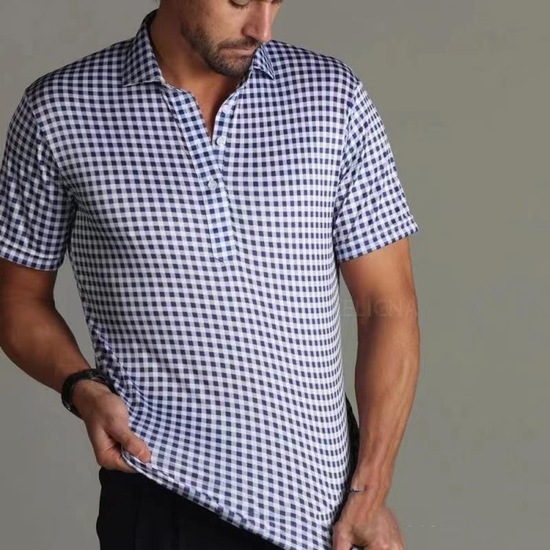 Solid Color Printing Plaid Short Sleeve Half Collar Men