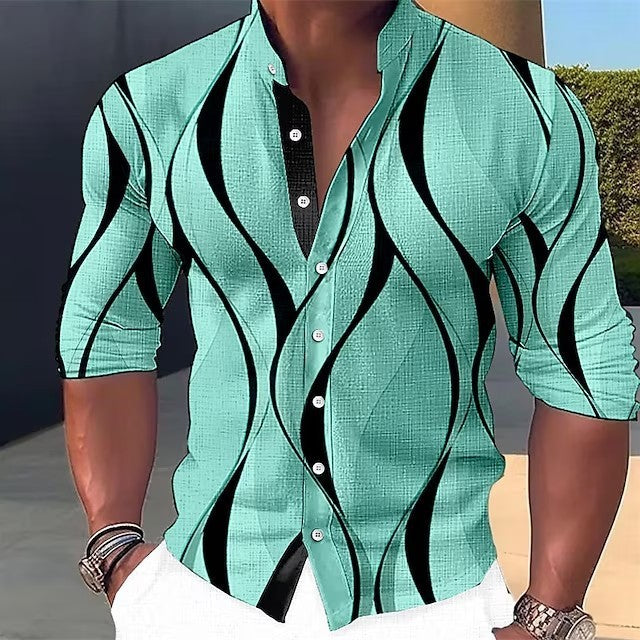 Summer New Plus Size Men's Casual Slim-fit Fashion 3D Printed Long-sleeved Shirt