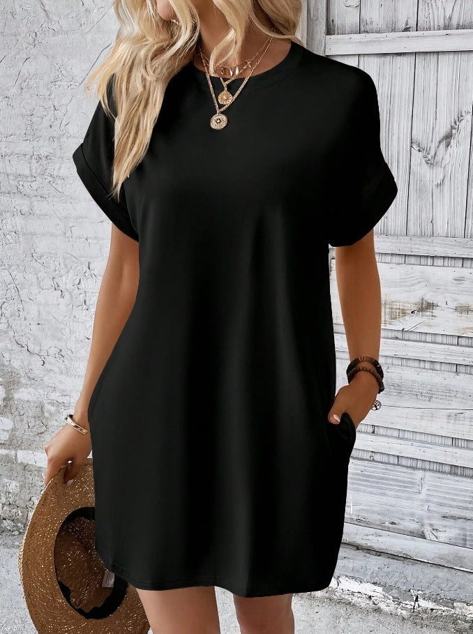 Loose Short Sleeve Dress With Pockets Summer Casual Solid Color Round Neck Straight Dresses Womens Clothing