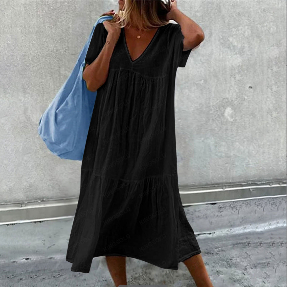 Round Neck Short Sleeve Cotton And Linen Mid-length Dress