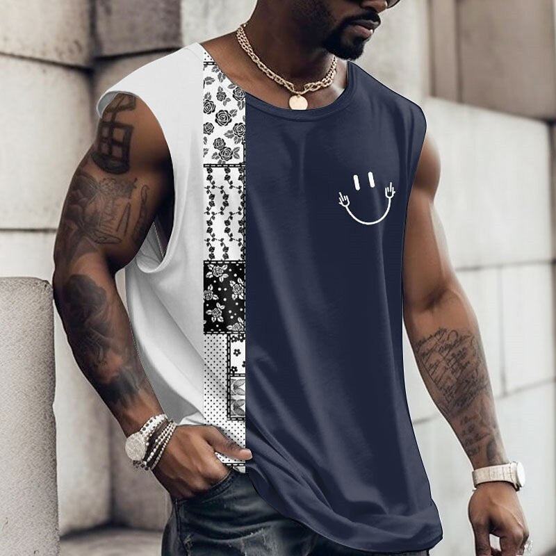 Round Neck Retro Ethnic T-shirt Sleeveless Wide Shoulder Vest