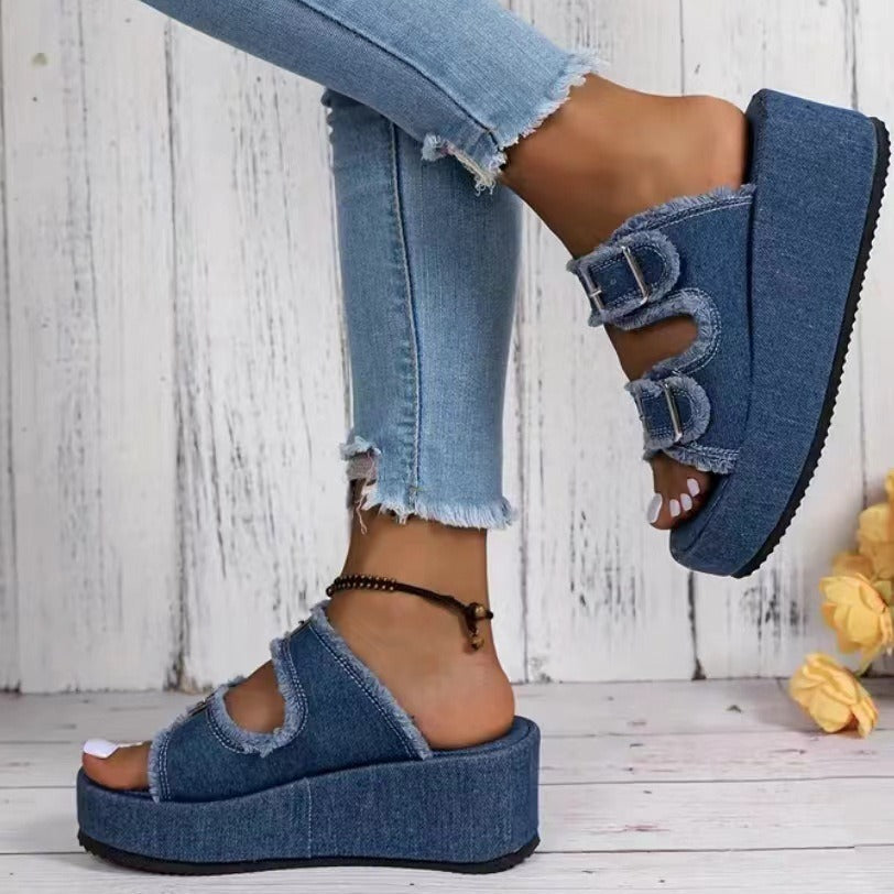 Fashion Denim Buckle Wedges Sandals Summer Outdoor High Heel Slippers Thick Bottom Shoes For Women