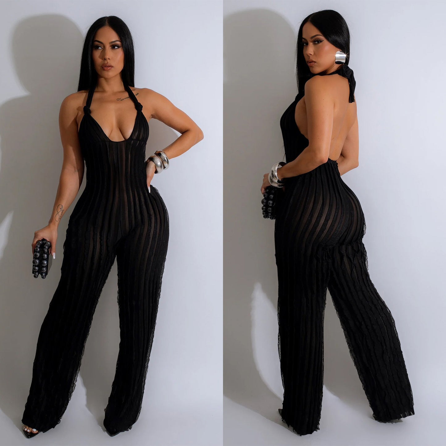 Women's Solid Color Backless Deep V Pleated Halter Jumpsuit Women