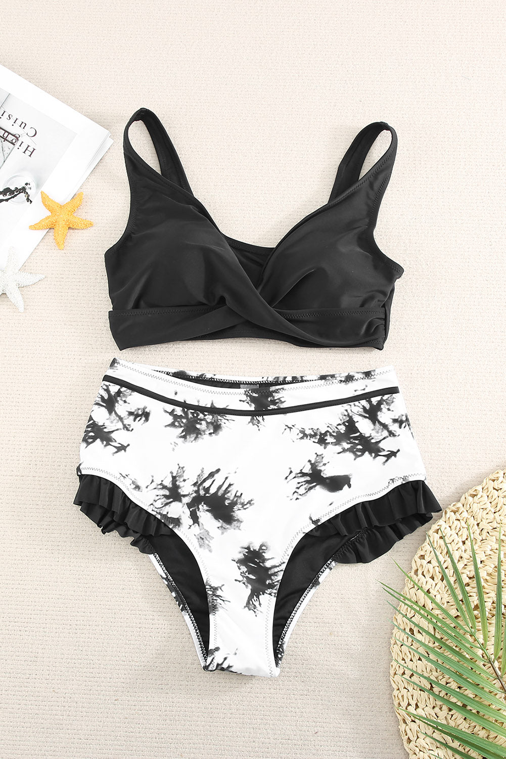 Two-Tone Crisscross Frill Trim Two-Piece Swimsuit