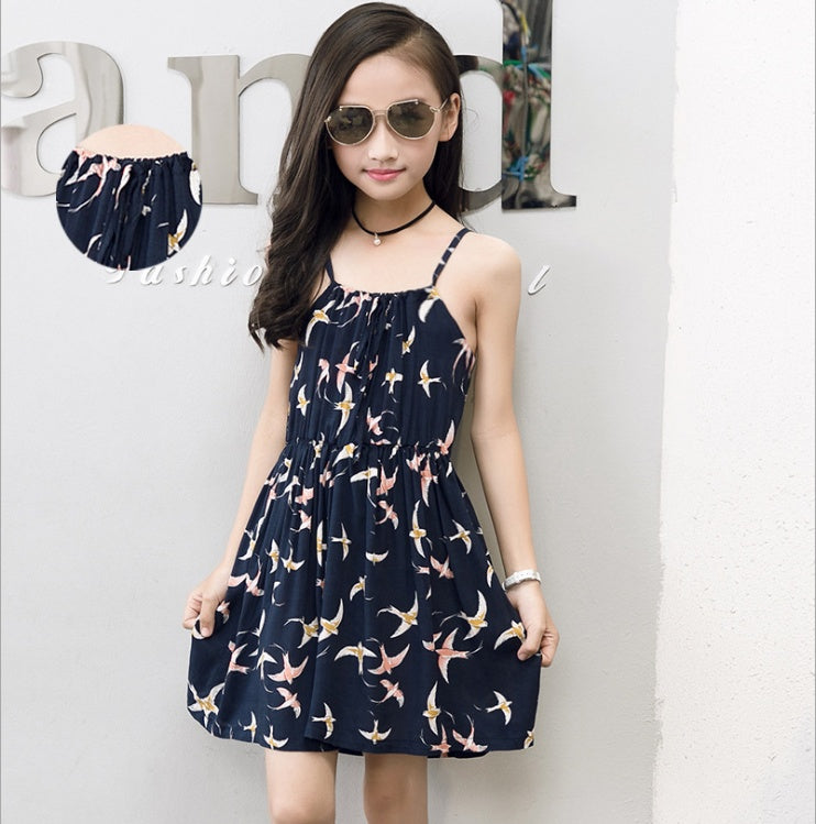 Summer Korean version of the big children's cotton silk dress girl floral dress skirt skirt children's beach skirt