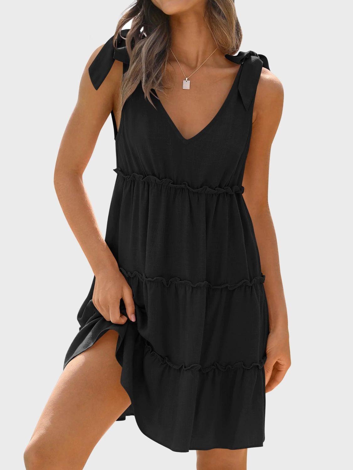 Frill V-Neck Tie Shoulder Mini Dress