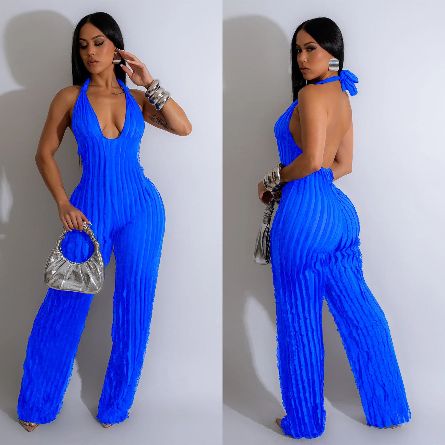 Women's Solid Color Backless Deep V Pleated Halter Jumpsuit Women