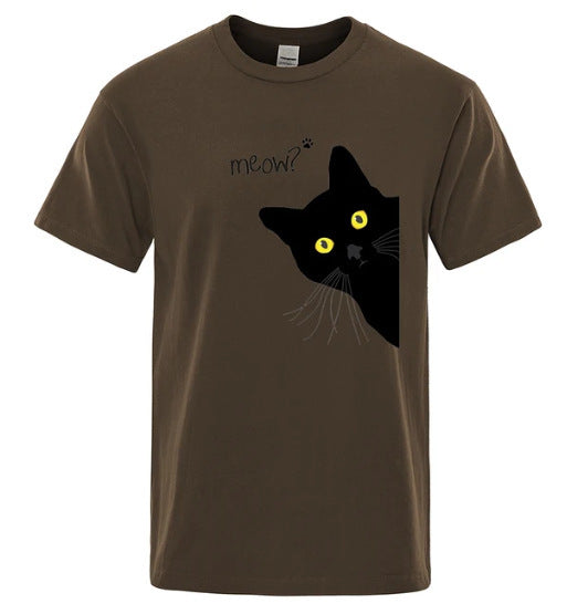 Men's Black Cat Print Loose Street Short Sleeve