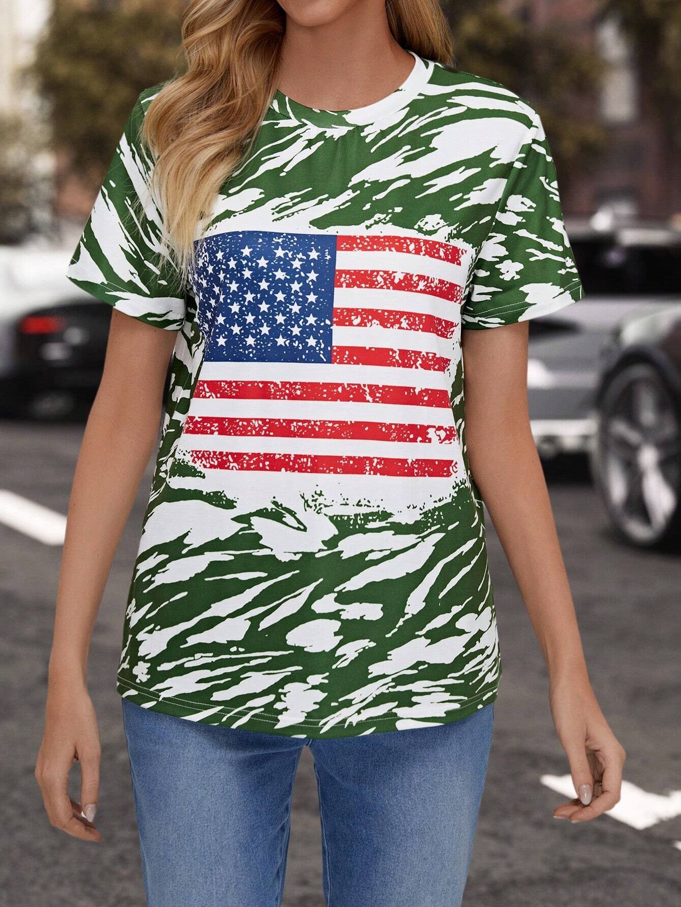 Flag Print T-shirt Crew Neck Casual