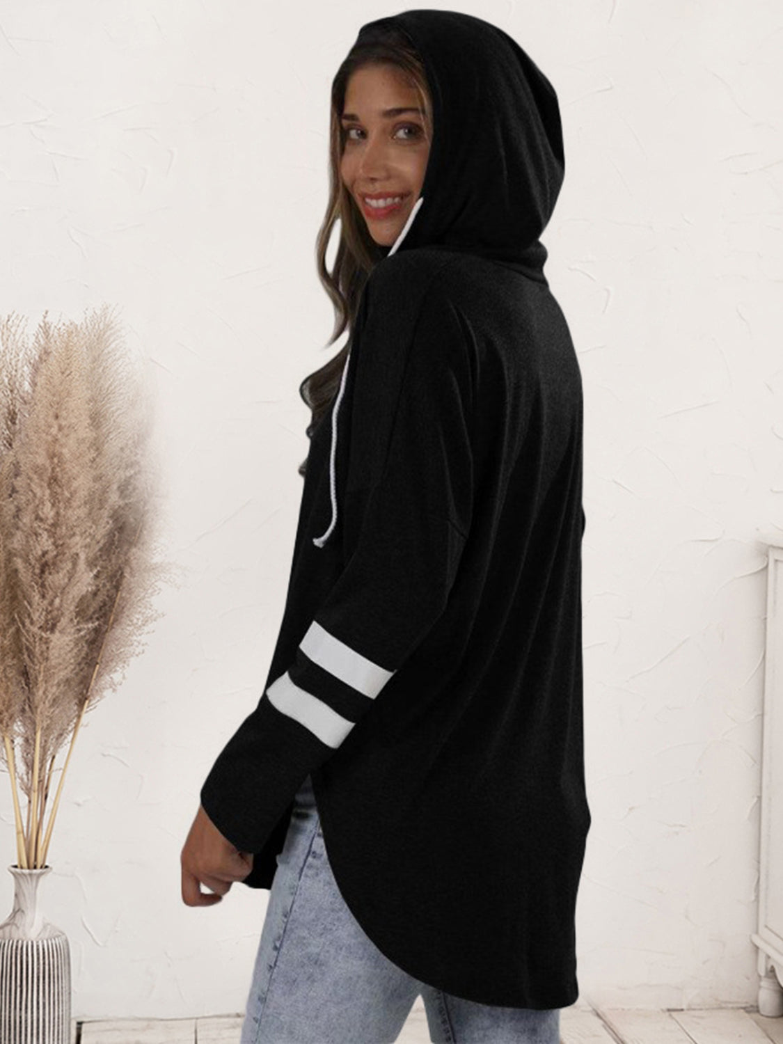 Striped V-Neck Drastring Hoodie