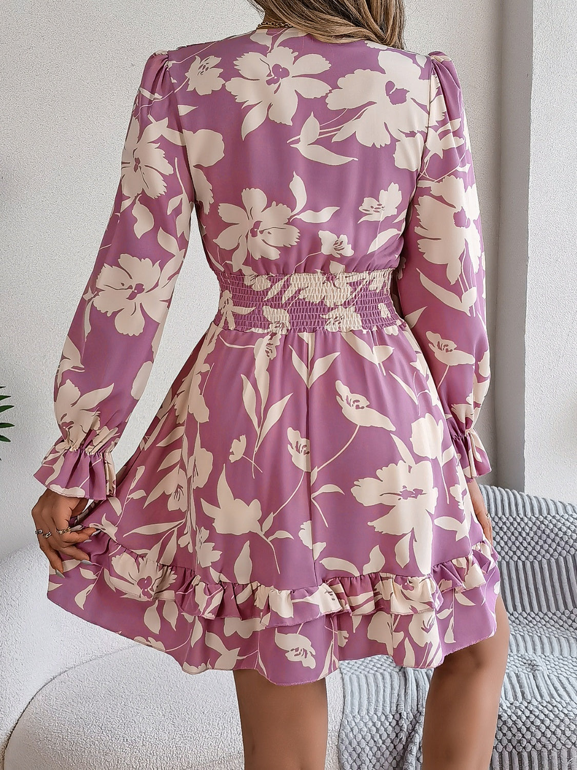 Tied Ruffled Printed Long Sleeve Dress