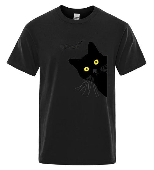 Men's Black Cat Print Loose Street Short Sleeve