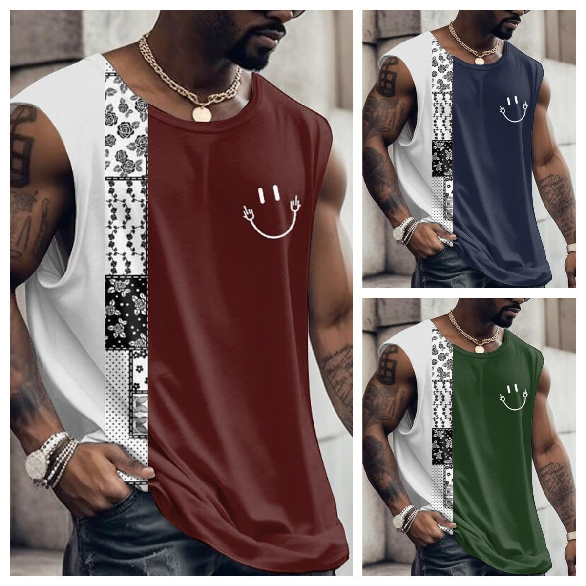 Round Neck Retro Ethnic T-shirt Sleeveless Wide Shoulder Vest