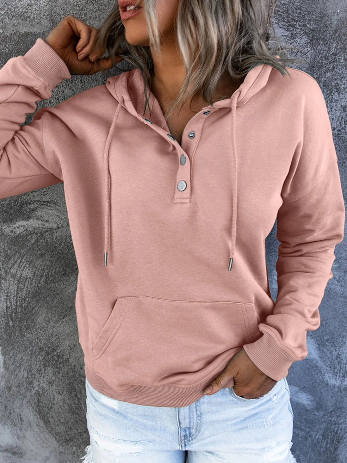 Half Snap Drawstring Long Sleeve Hoodie