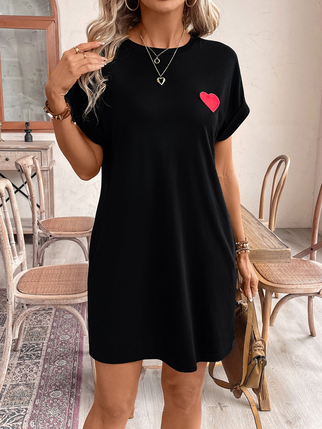 Heart Round Neck Short Sleeve Mini Tee Dress