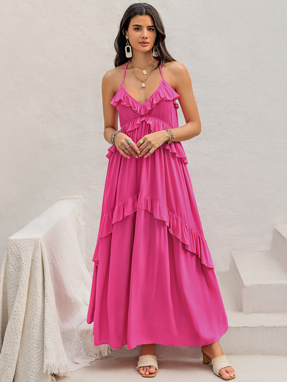 Ruffled Halter Neck Sleeveless Maxi Dress