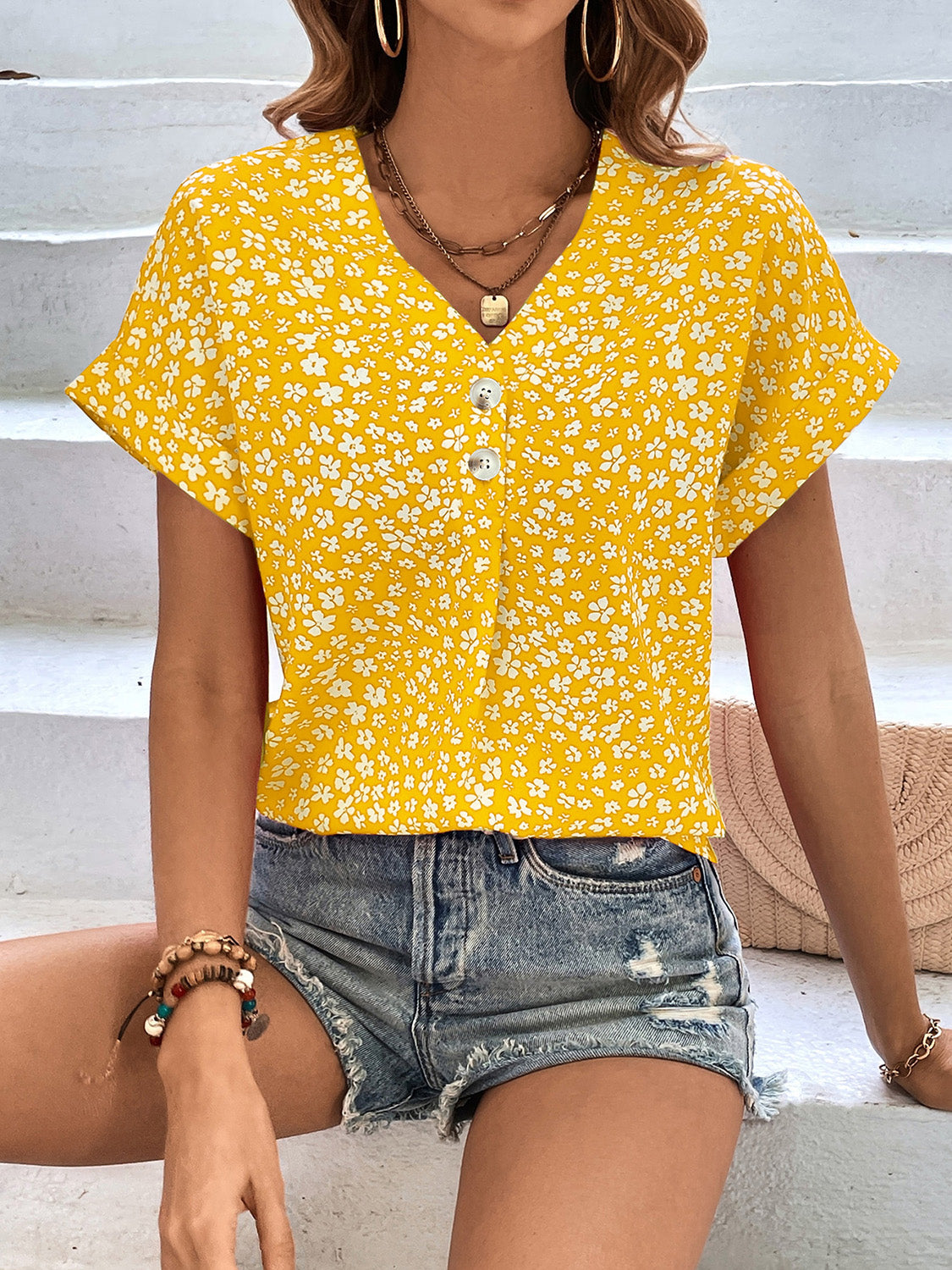 Printed V-Neck Short Sleeve Blouse