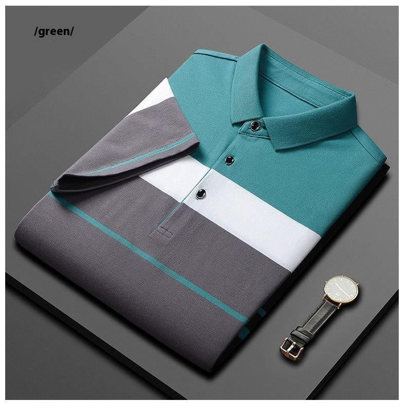 Cotton Striped Stitching Polo Shirt Men's High-end Light Business Striped T-shirt