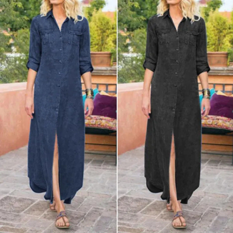 Summer New Women's Loose Solid Color Casual Single-breasted Denim Dress