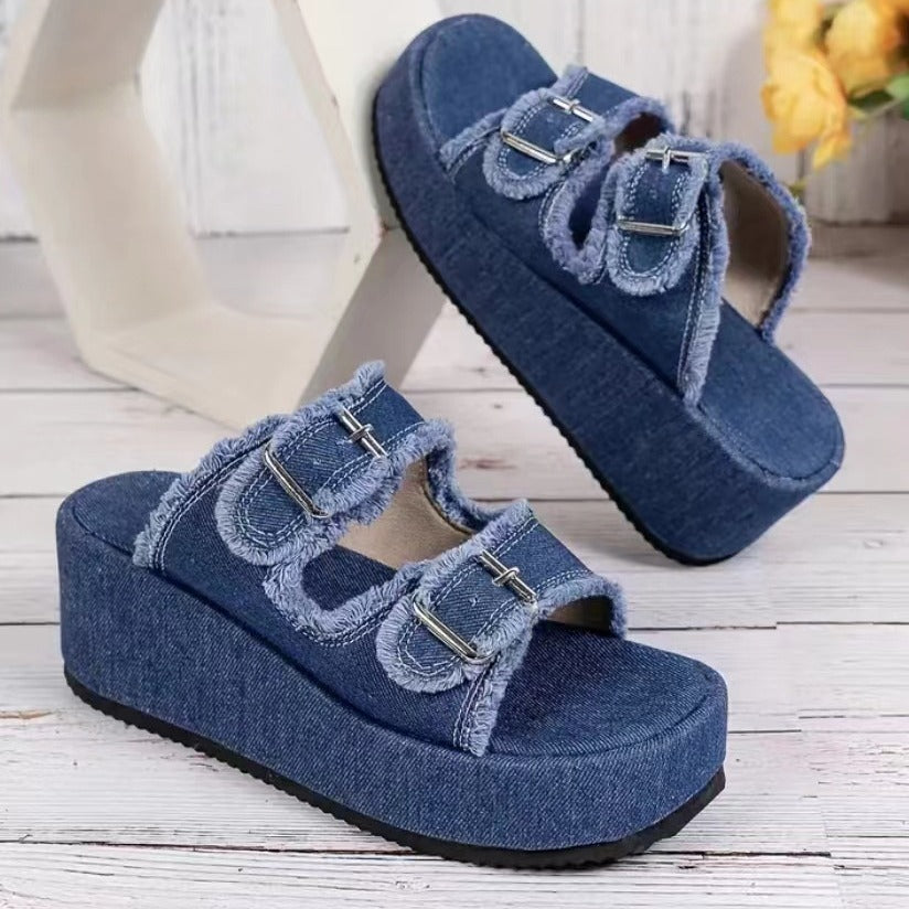 Fashion Denim Buckle Wedges Sandals Summer Outdoor High Heel Slippers Thick Bottom Shoes For Women