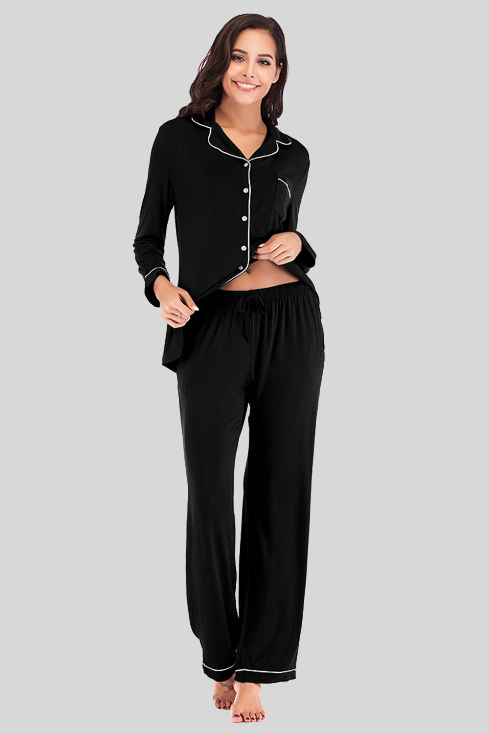 Collared Neck Long Sleeve Loungewear Set with Pockets