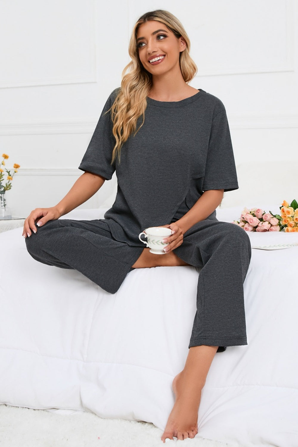 Slit Round Neck Top and Pants Lounge Set