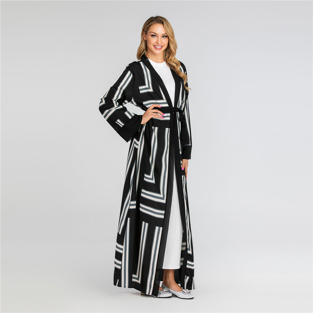 Striped Loose Lace Up Cardigan Robe Women