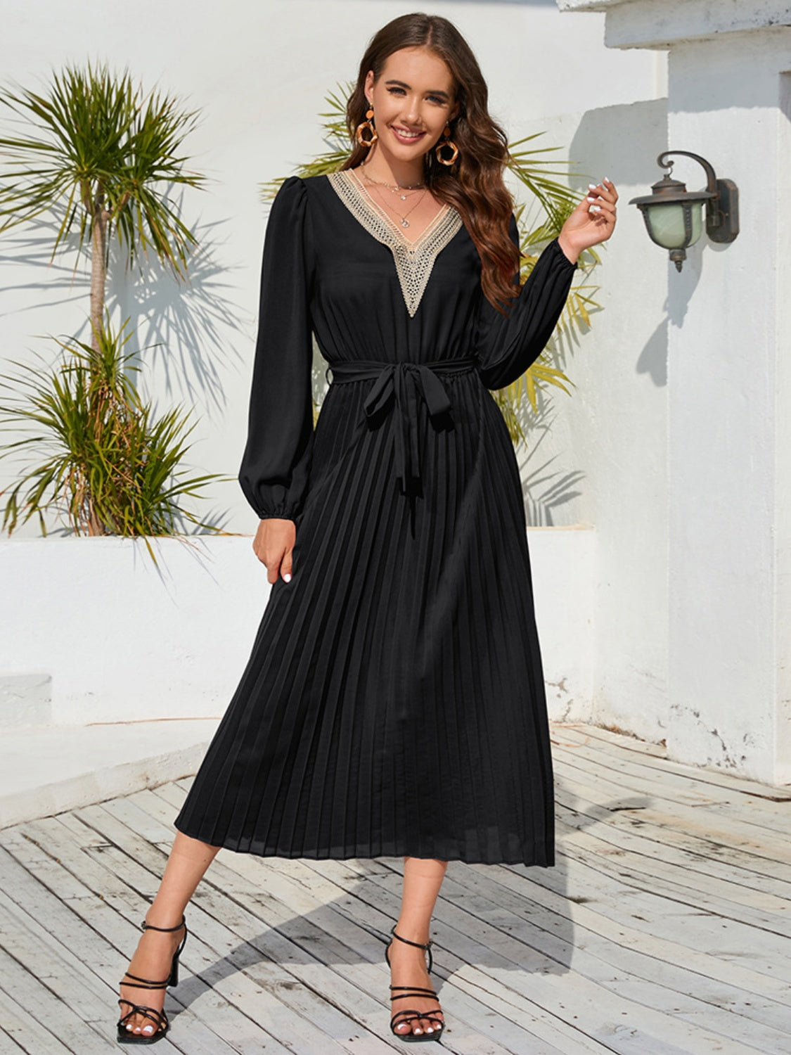 V-Neck Long Sleeve Pleated Dress